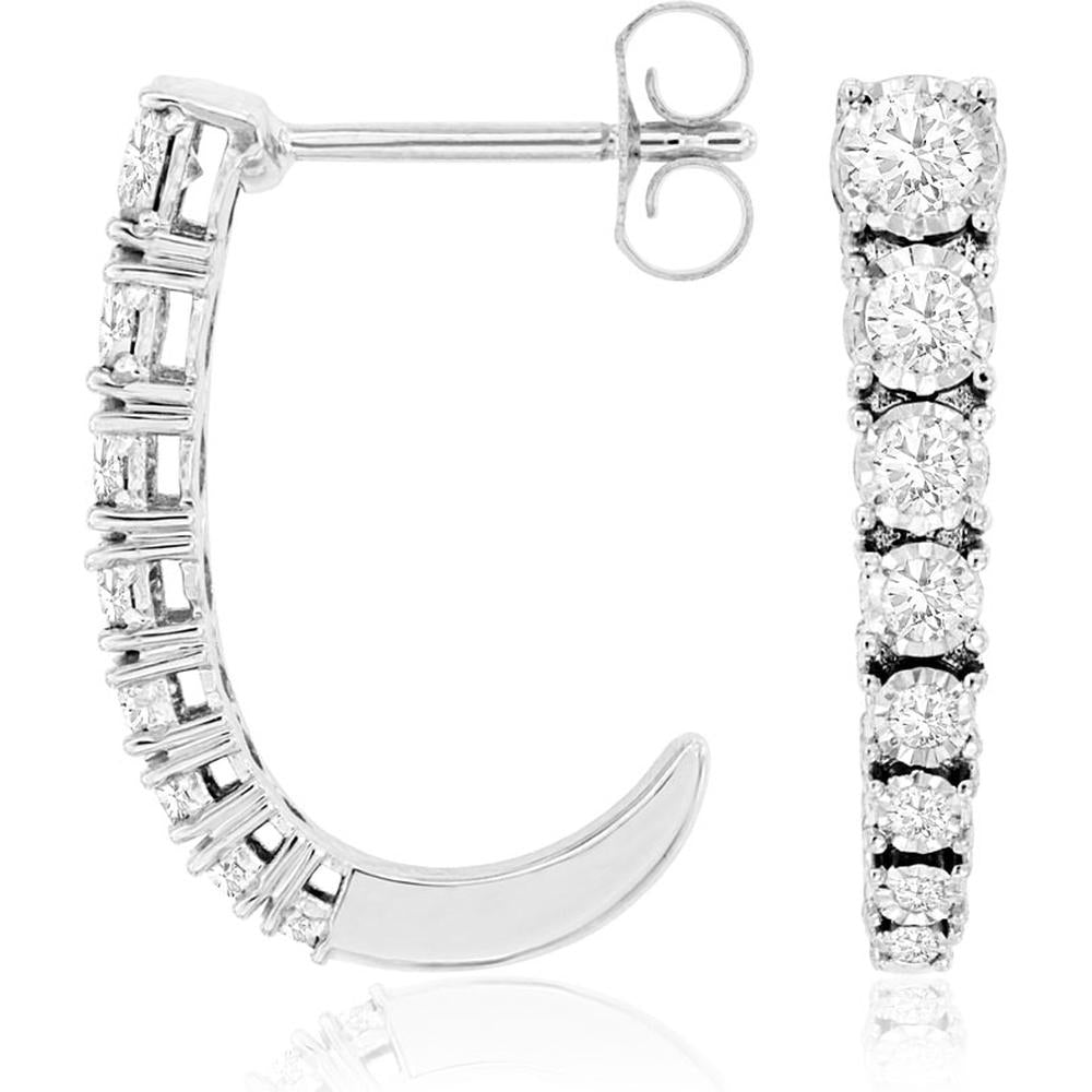 14K White Gold 20mm Medium Hoop Earrings with Round Brilliant Diamonds - 0.50 Carat Total Diamond Weight - Royal Jewelry
