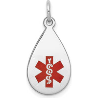 14K White Gold 20x11.5mm Teardrop Red Enameled Medical Alert Pendant by Oro Pregiato