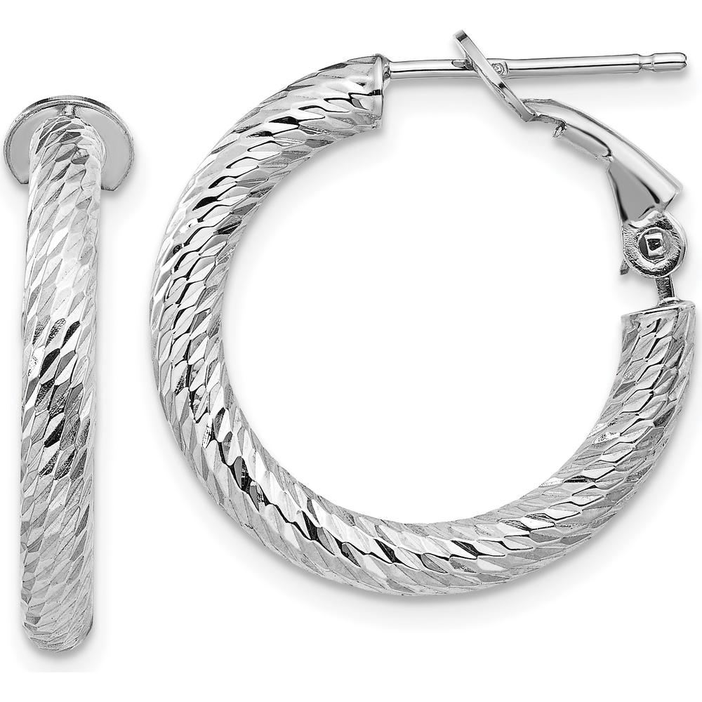 14K White Gold 21.75mm Diamond-Cut Round Omega Back Hoop Earrings by Oro Pregiato
