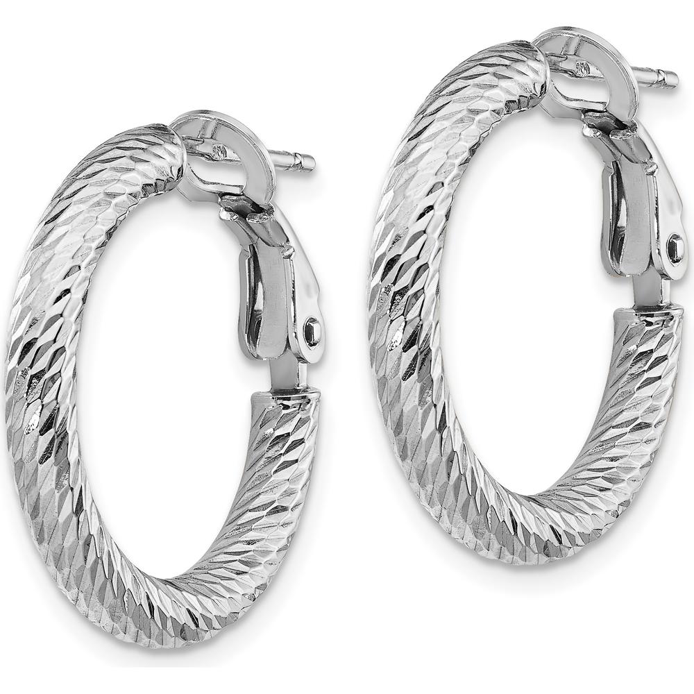 14K White Gold 21.75mm Diamond-Cut Round Omega Back Hoop Earrings by Oro Pregiato