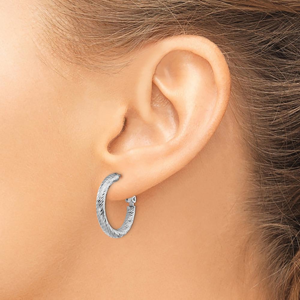 14K White Gold 21.75mm Diamond-Cut Round Omega Back Hoop Earrings by Oro Pregiato