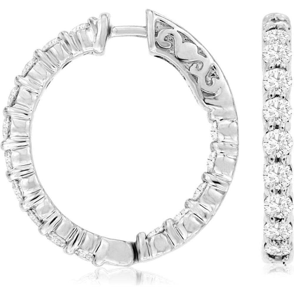 14K White Gold 21mm Medium Hoop Earrings with Shared Prong Set Round Diamonds - 1.50 Carat Total Diamond Weight - Royal Jewelry