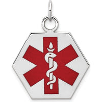 14K White Gold 22.5mm Hexagon Red Enameled Medical Alert Pendant - Polished Finish with Rhodium Plating by Oro Pregiato