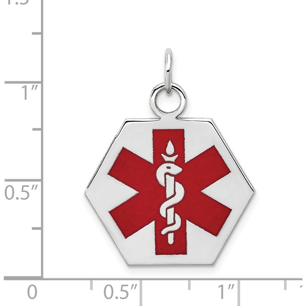 14K White Gold 22.5mm Hexagon Red Enameled Medical Alert Pendant - Polished Finish with Rhodium Plating by Oro Pregiato