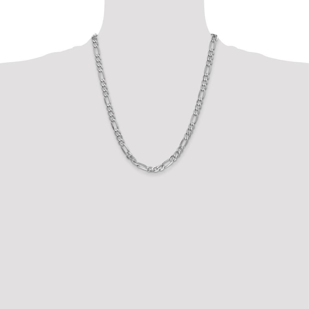 14K White Gold 22" 6mm Flat Figaro Chain Necklace with Lobster Clasp - Rhodium Plated by Oro Pregiato