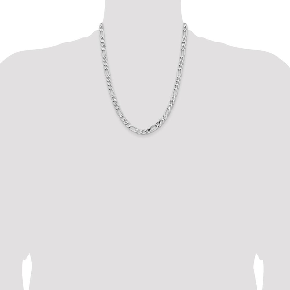 14K White Gold 22" 7.5mm Flat Figaro Chain with Lobster Clasp - Polished Rhodium Finish by Oro Pregiato