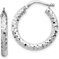 14K White Gold 22mm Diamond-Cut Textured Hoop Earrings with Polished Rhodium Finish by 0