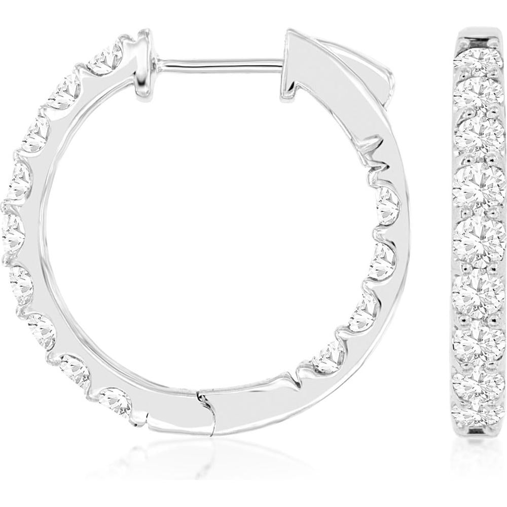 14K White Gold 22mm Medium Hoop Earrings with Shared-Prong Set Round Brilliant Diamonds - 2.00 Carat Total Diamond Weight - Royal Jewelry