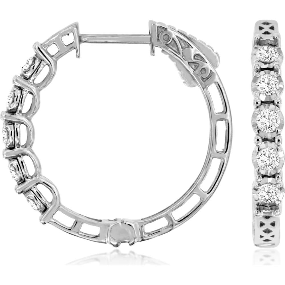 14K White Gold 23mm Diamond Hoop Earrings with Round Brilliant Cut Diamonds - 0.50 Carat Total Weight - Royal Jewelry