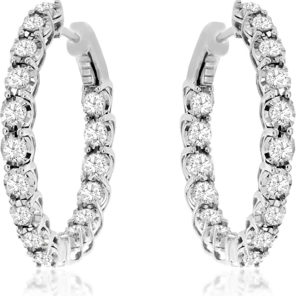 14K White Gold 23mm Medium Hoop Earrings with Round Diamonds - 2.00 Carat Total Diamond Weight - Royal Jewelry
