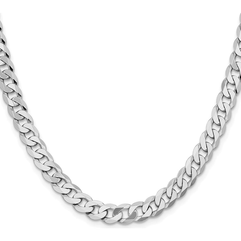 14K White Gold 24" 7.25mm Flat Beveled Curb Chain with Lobster Clasp - Rhodium Plated by 0