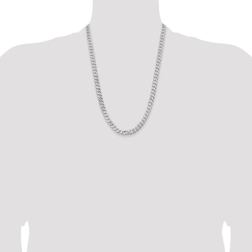 14K White Gold 24" 7.25mm Flat Beveled Curb Chain with Lobster Clasp - Rhodium Plated by 0