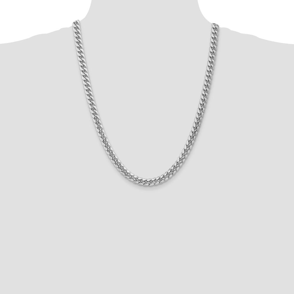 14K White Gold 24-inch 7.3mm Semi-Solid Miami Cuban Chain - Polished Finish with Lobster Clasp by Oro Pregiato