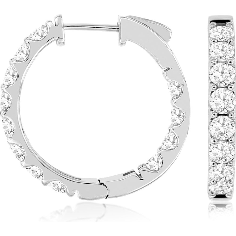 14K White Gold 24mm Diamond Hoop Earrings with Shared-Prong Set Round Diamonds - 3.00 Carat Total Diamond Weight - Royal Jewelry