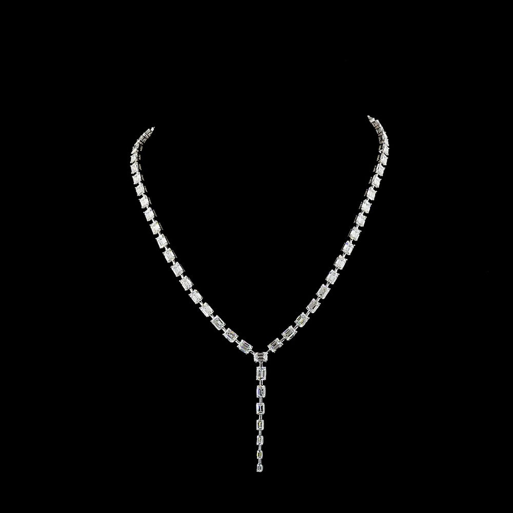 14K White Gold 25.03 Carat Lab Diamond Lariat Necklace with Emerald Cut E-F VS Stones - 54 Total Diamonds - Covaloro Fine Jewelry