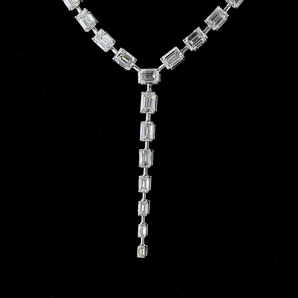 14K White Gold 25.03 Carat Lab Diamond Lariat Necklace with Emerald Cut E-F VS Stones - 54 Total Diamonds - Covaloro Fine Jewelry