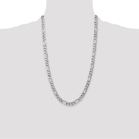 14K White Gold 26" 7mm Flat Figaro Chain Necklace with Lobster Clasp - Polished Rhodium Finish by Oro Pregiato