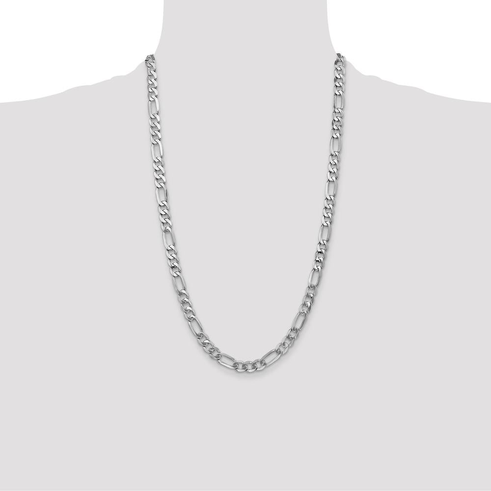 14K White Gold 26" 7mm Flat Figaro Chain Necklace with Lobster Clasp - Polished Rhodium Finish by Oro Pregiato