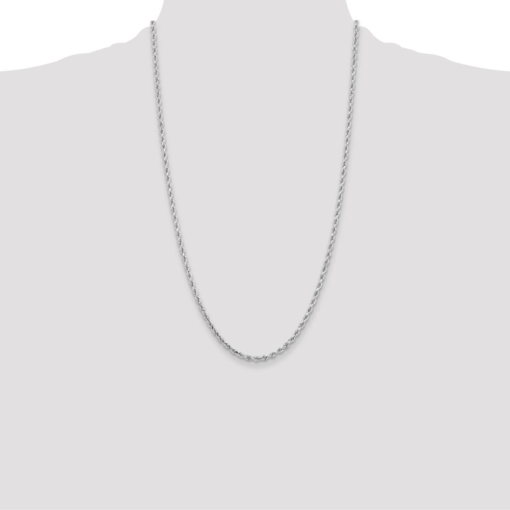 14K White Gold 26" Diamond-Cut Rope Chain Necklace with Lobster Clasp - 3.25mm Solid Polished Rhodium Finish