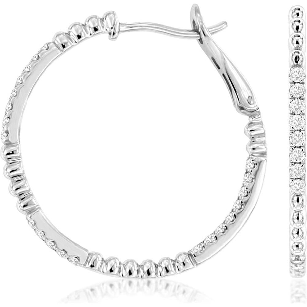 14K White Gold 26mm Medium Hoop Earrings with Round Diamonds - 0.37 Carat Total Diamond Weight - Royal Jewelry
