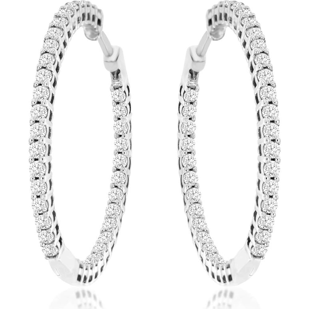 14K White Gold 26mm Medium Hoop Earrings with Round Diamonds - 1.00 Carat Total Diamond Weight - Royal Jewelry