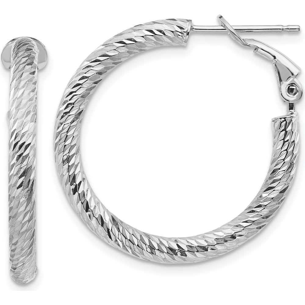 14K White Gold 27mm Diamond-Cut Round Omega Back Hoop Earrings by Oro Pregiato
