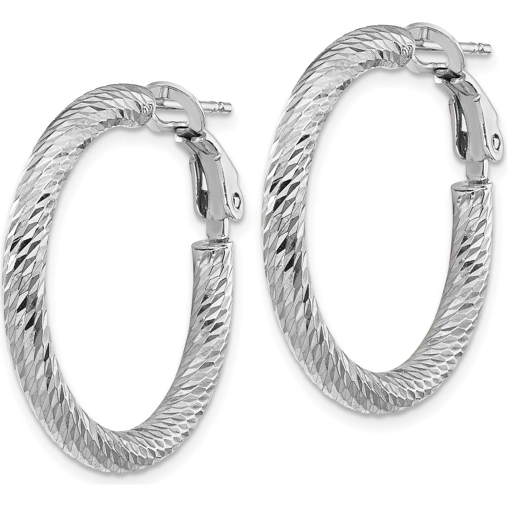14K White Gold 27mm Diamond-Cut Round Omega Back Hoop Earrings by Oro Pregiato