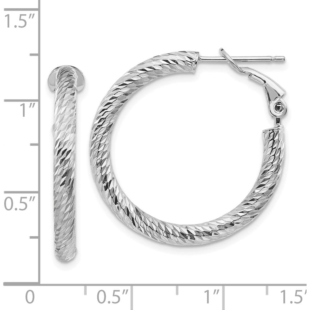 14K White Gold 27mm Diamond-Cut Round Omega Back Hoop Earrings by Oro Pregiato