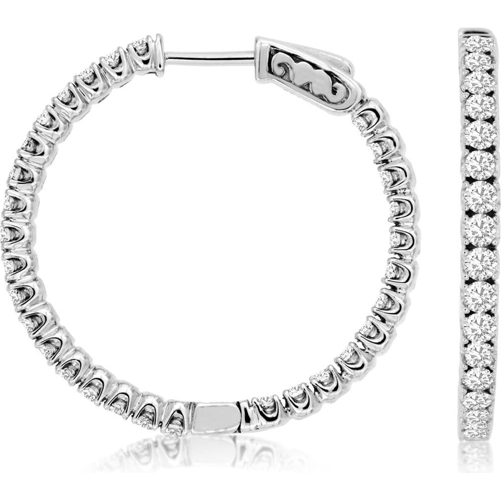 14K White Gold 27mm Diamond Hoop Earrings with Round Diamonds - 2.00 Carat Total Diamond Weight - Royal Jewelry