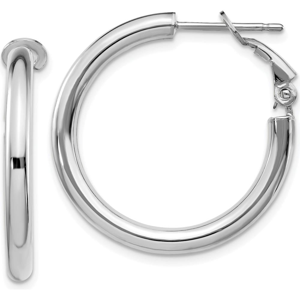 14K White Gold 27mm Polished Round Omega Back Hoop Earrings by Oro Pregiato