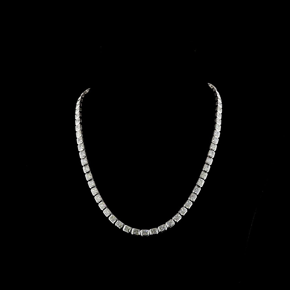 14K White Gold 28.13 Carat Tennis Necklace with Bezel-Set East-West Radiant Cut Lab Diamonds (69 Stones, E-F Color, VS1 Clarity) - Covaloro Fine Jewelry