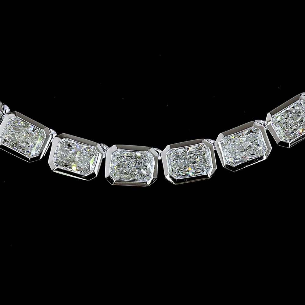 14K White Gold 28.13 Carat Tennis Necklace with Bezel-Set East-West Radiant Cut Lab Diamonds (69 Stones, E-F Color, VS1 Clarity) - Covaloro Fine Jewelry