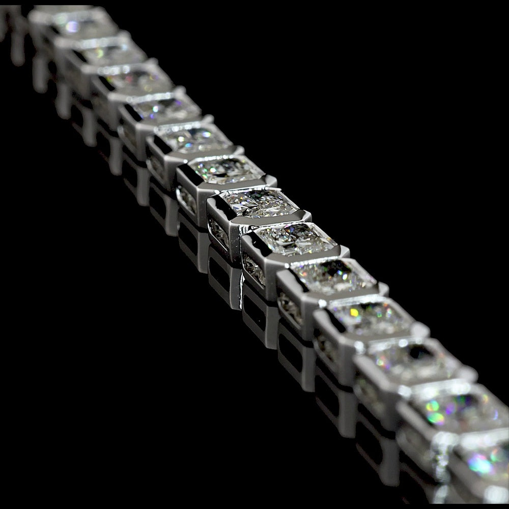 14K White Gold 28.13 Carat Tennis Necklace with Bezel-Set East-West Radiant Cut Lab Diamonds (69 Stones, E-F Color, VS1 Clarity) - Covaloro Fine Jewelry