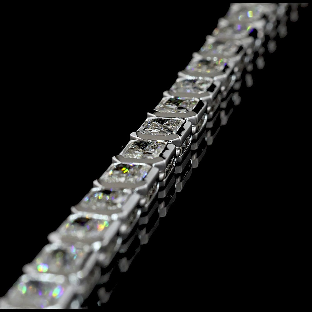 14K White Gold 28.13 Carat Tennis Necklace with Bezel-Set East-West Radiant Cut Lab Diamonds (69 Stones, E-F Color, VS1 Clarity) - Covaloro Fine Jewelry