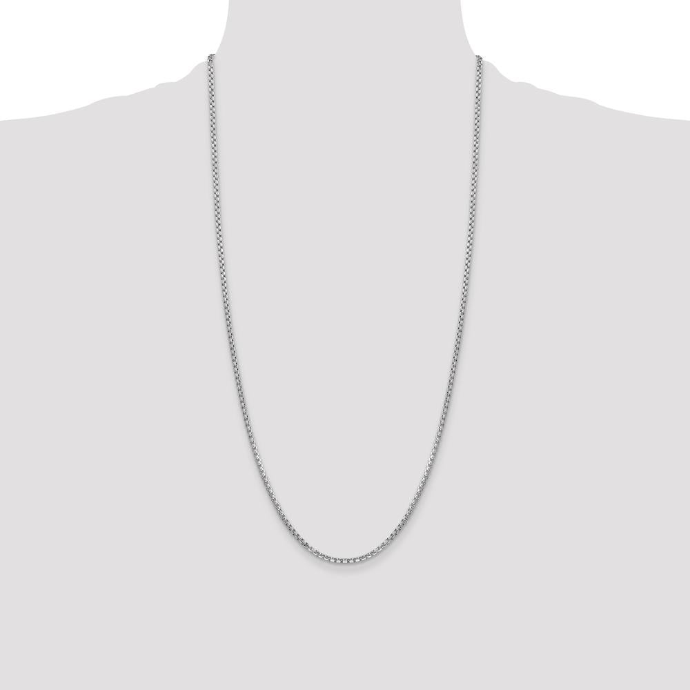 14K White Gold 28" 2.45mm Semi-Solid Round Box Chain with Lobster Clasp - Rhodium Plated by IBGoodman