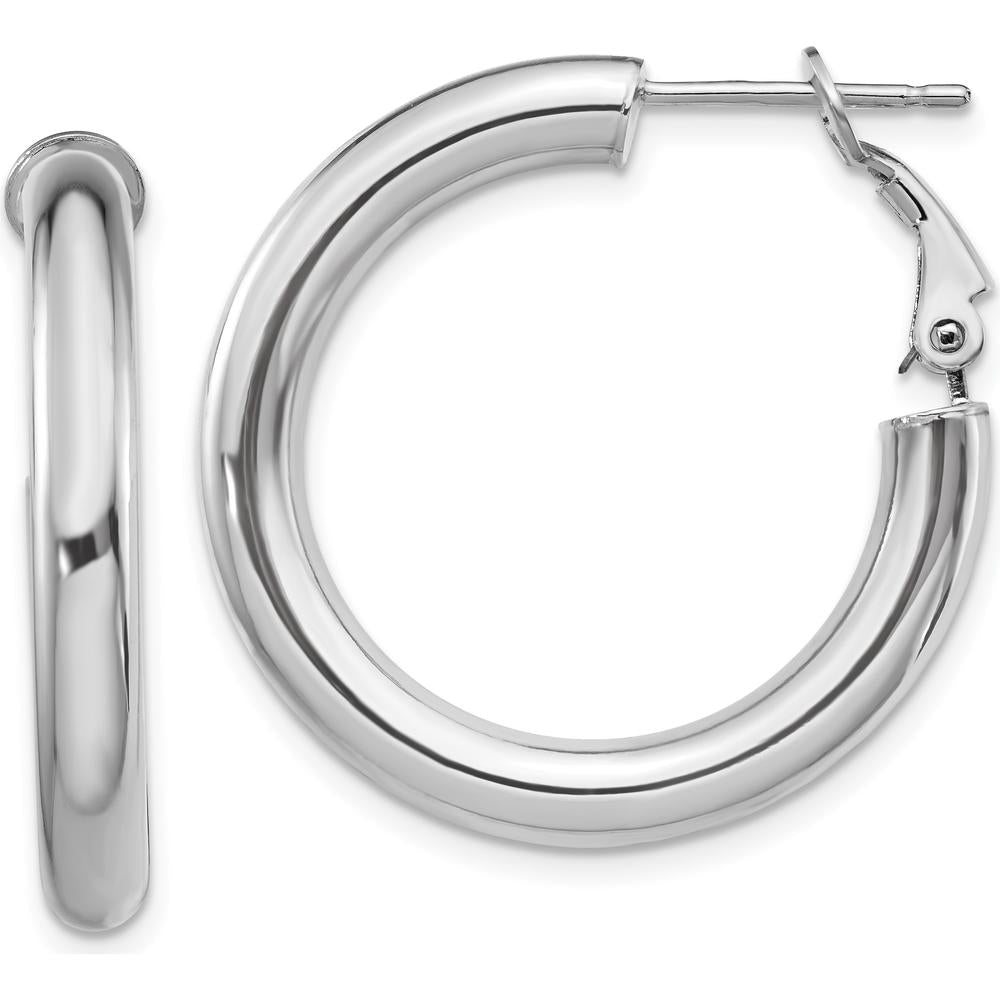 14K White Gold 28.6mm Polished Round Omega Back Hoop Earrings by Oro Pregiato