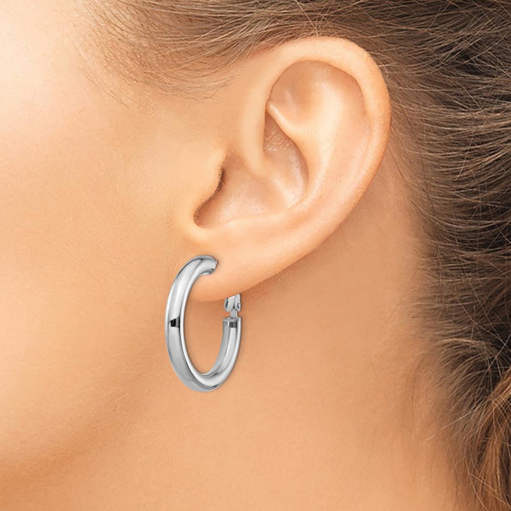 14K White Gold 28.6mm Polished Round Omega Back Hoop Earrings by Oro Pregiato
