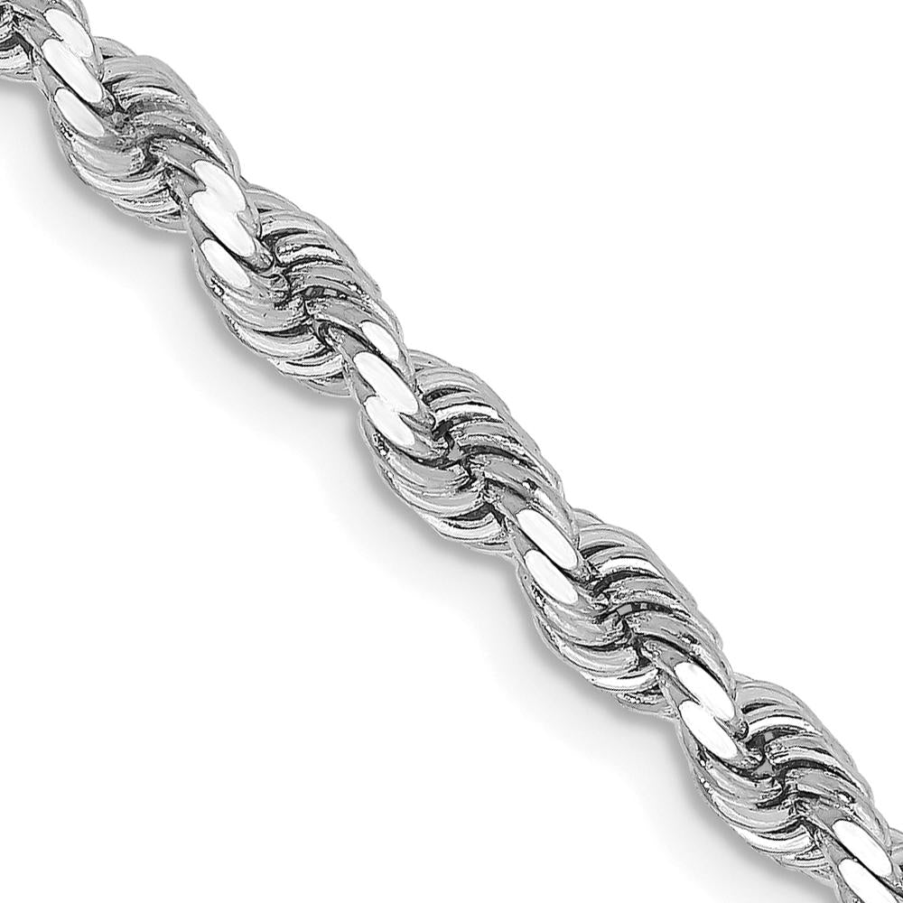 14K White Gold 28" Diamond-Cut Rope Chain Necklace with Lobster Clasp - 3.25mm Solid Rhodium-Plated Design