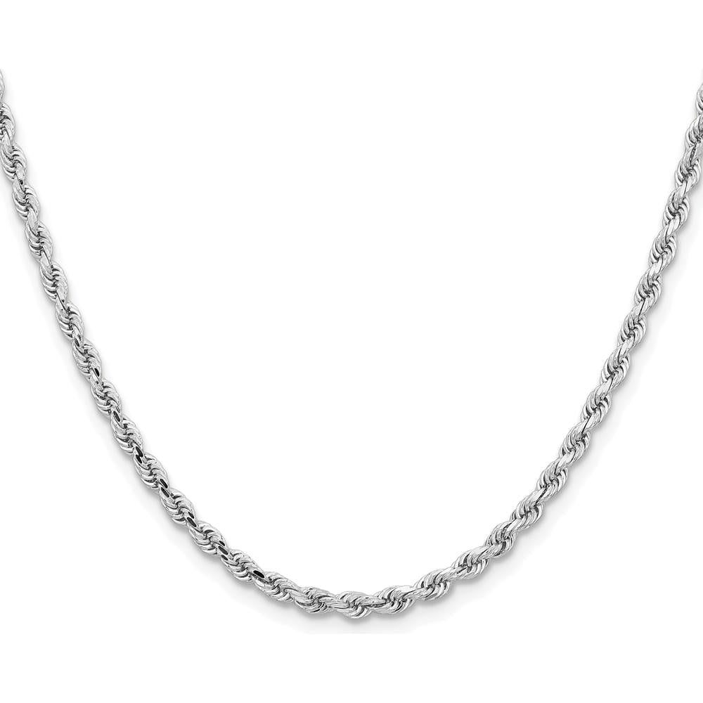 14K White Gold 28" Diamond-Cut Rope Chain Necklace with Lobster Clasp - 3.25mm Solid Rhodium-Plated Design