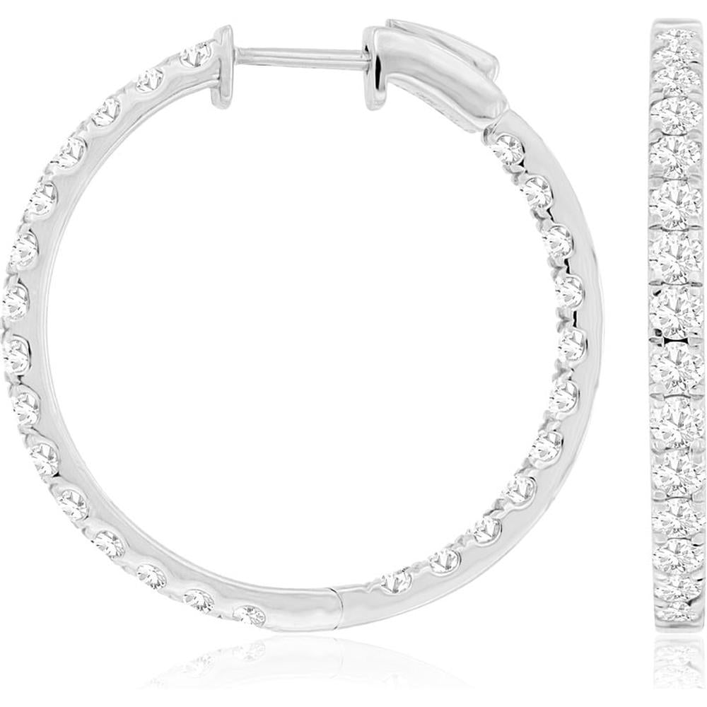 14K White Gold 29mm Medium Diamond Hoop Earrings with Round Brilliant Prong Set Diamonds - 3.00 Carat Total Diamond Weight - Royal Jewelry