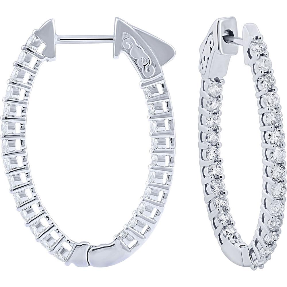 14K White Gold 29mm Medium Hoop Earrings with Prong Set Round Diamonds - 1.50 Carat Total Diamond Weight - Royal Jewelry