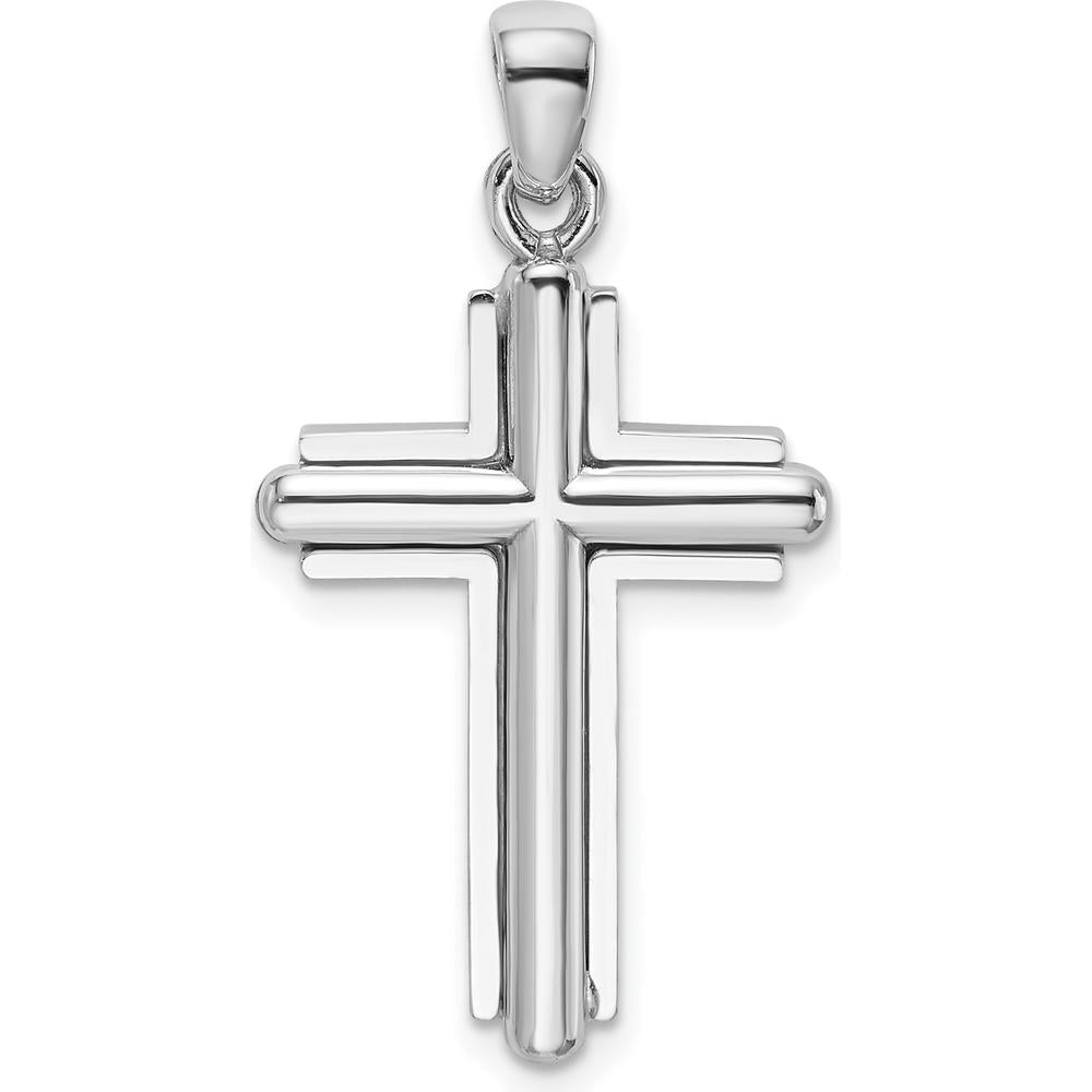 14K White Gold 2D Beveled Stick Cross Charm - Polished Finish, Rhodium Plated by Oro Pregiato