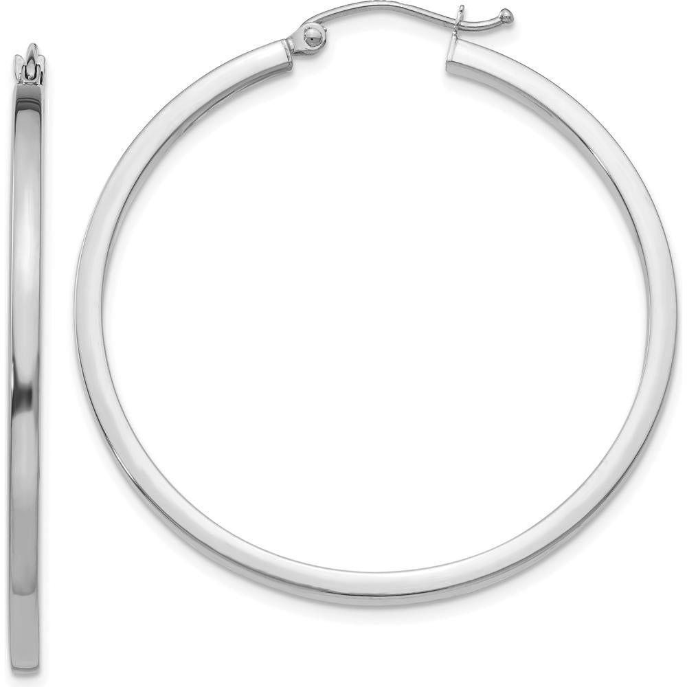 14K White Gold 2mm Square Tube Hoop Earrings - Polished Finish - 40mm Length by 0