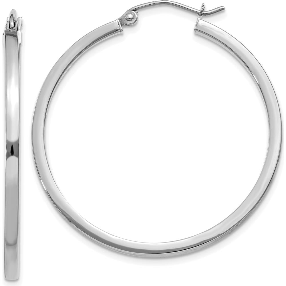 14K White Gold 2mm Square Tube Hoop Earrings with Rhodium Plating - 35mm by 0