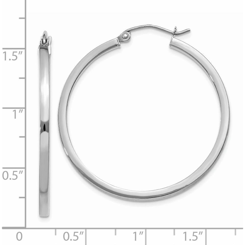 14K White Gold 2mm Square Tube Hoop Earrings with Rhodium Plating - 35mm by 0