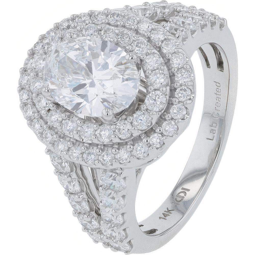 14K White Gold 3.00 Carat Lab Grown Oval Diamond Ring with Double Halo and Split Shank Band