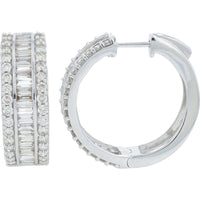 14K White Gold 3.00 Carat Total Diamond Hoops with Baguette and Round Diamonds