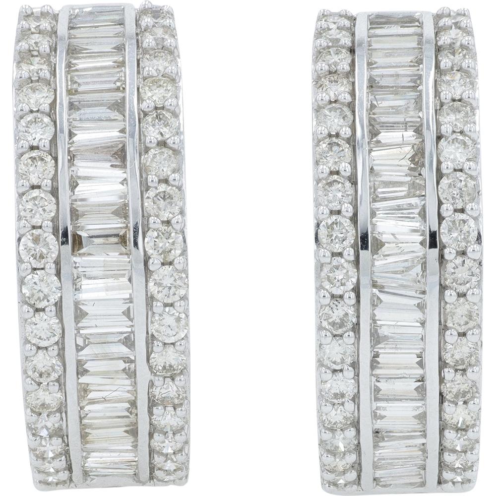 14K White Gold 3.00 Carat Total Diamond Hoops with Baguette and Round Diamonds