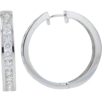 14K White Gold 3.00 Carat Total Diamond Medium Hoop Earrings - Channel Set Round Diamonds