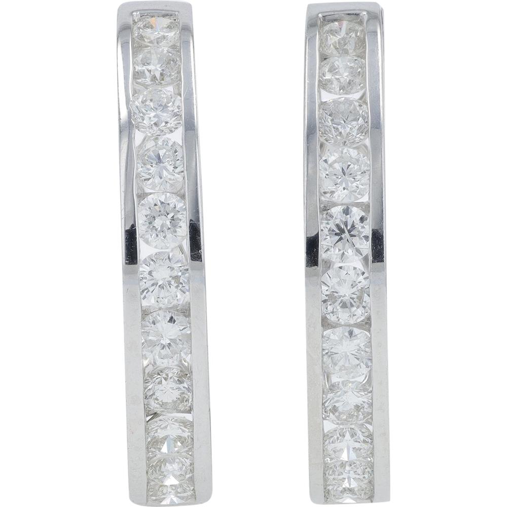 14K White Gold 3.00 Carat Total Diamond Medium Hoop Earrings - Channel Set Round Diamonds